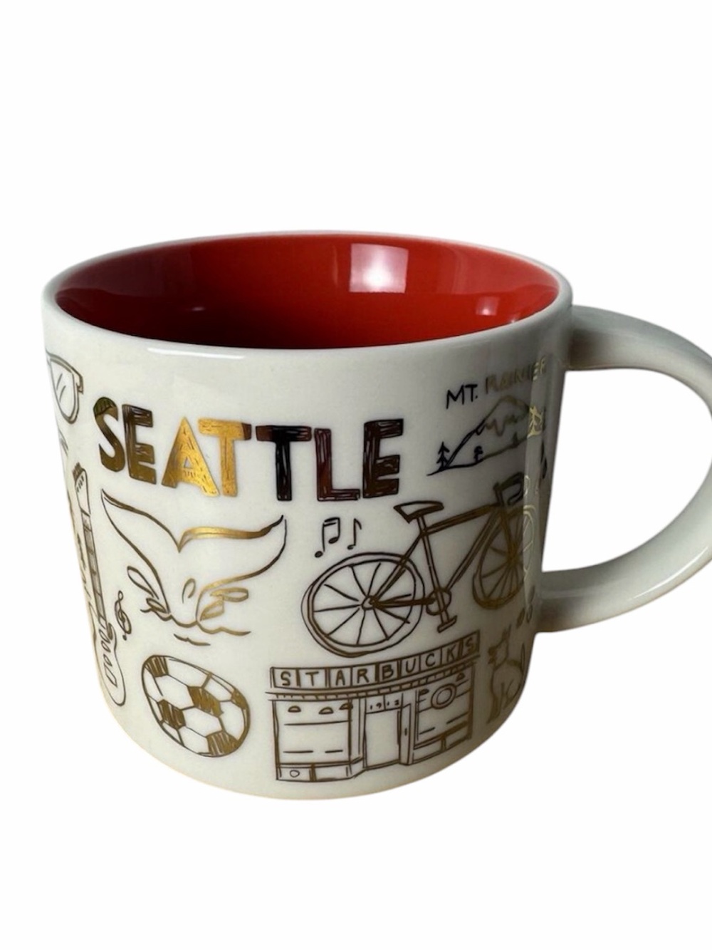 Starbucks Seattle Been There Christmas 2018 Ceramic Mug gold- red inside- RARE!